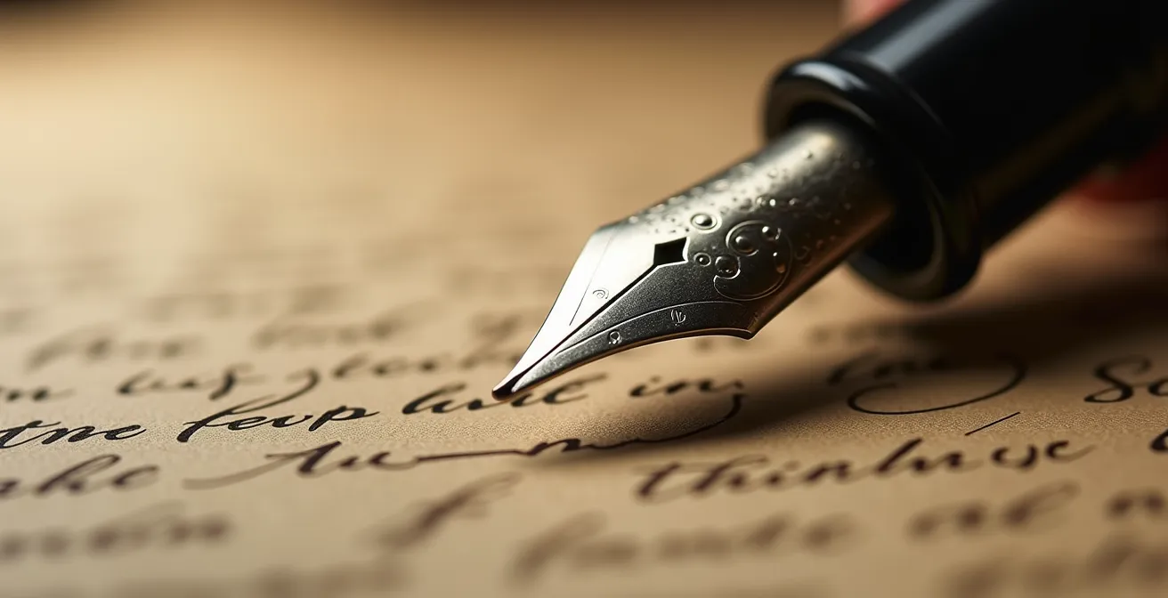 Détail macro d'un manuscrit avec textures de papier et plume